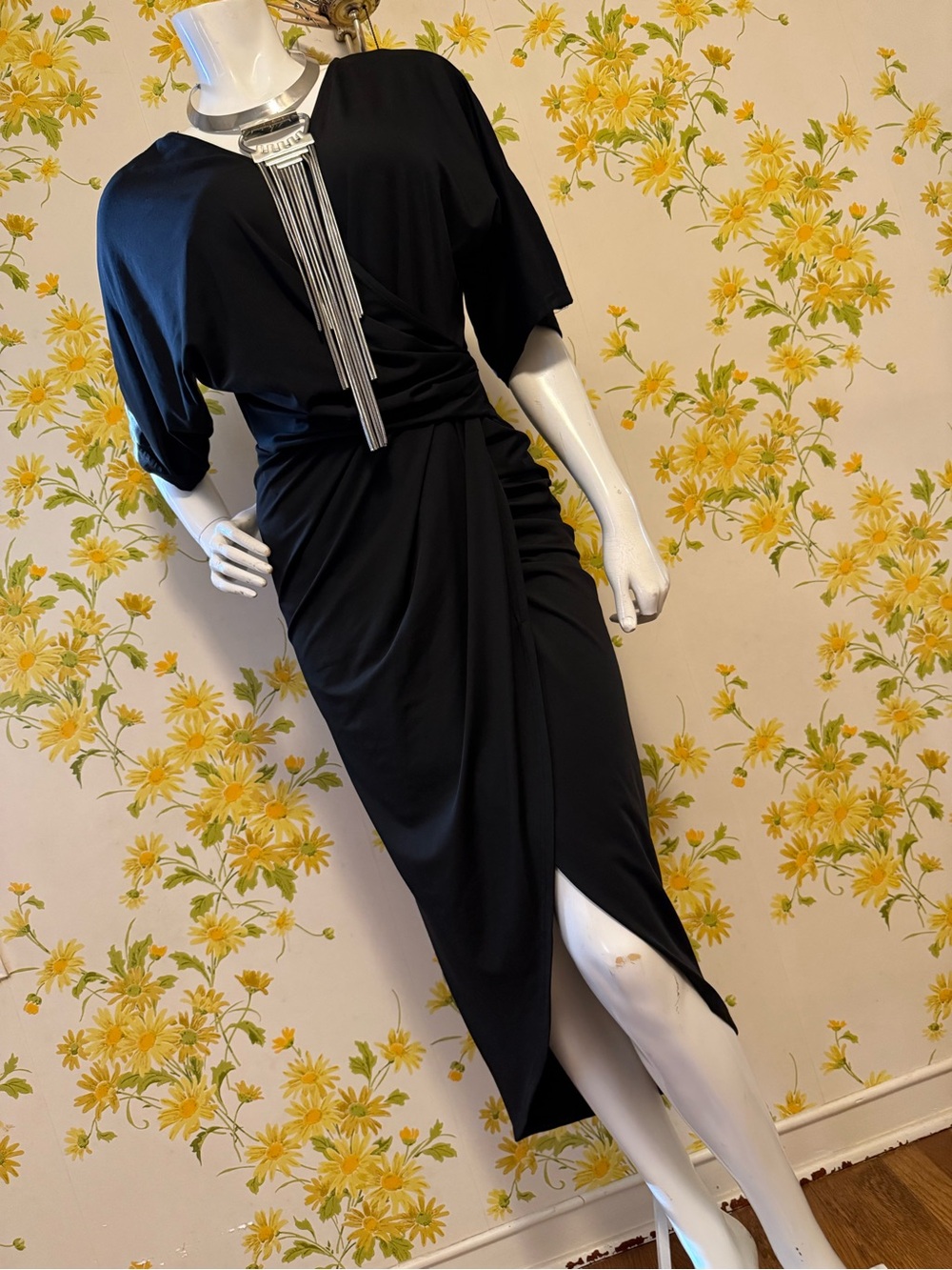 Black Midi Draped Wrap Dress size M